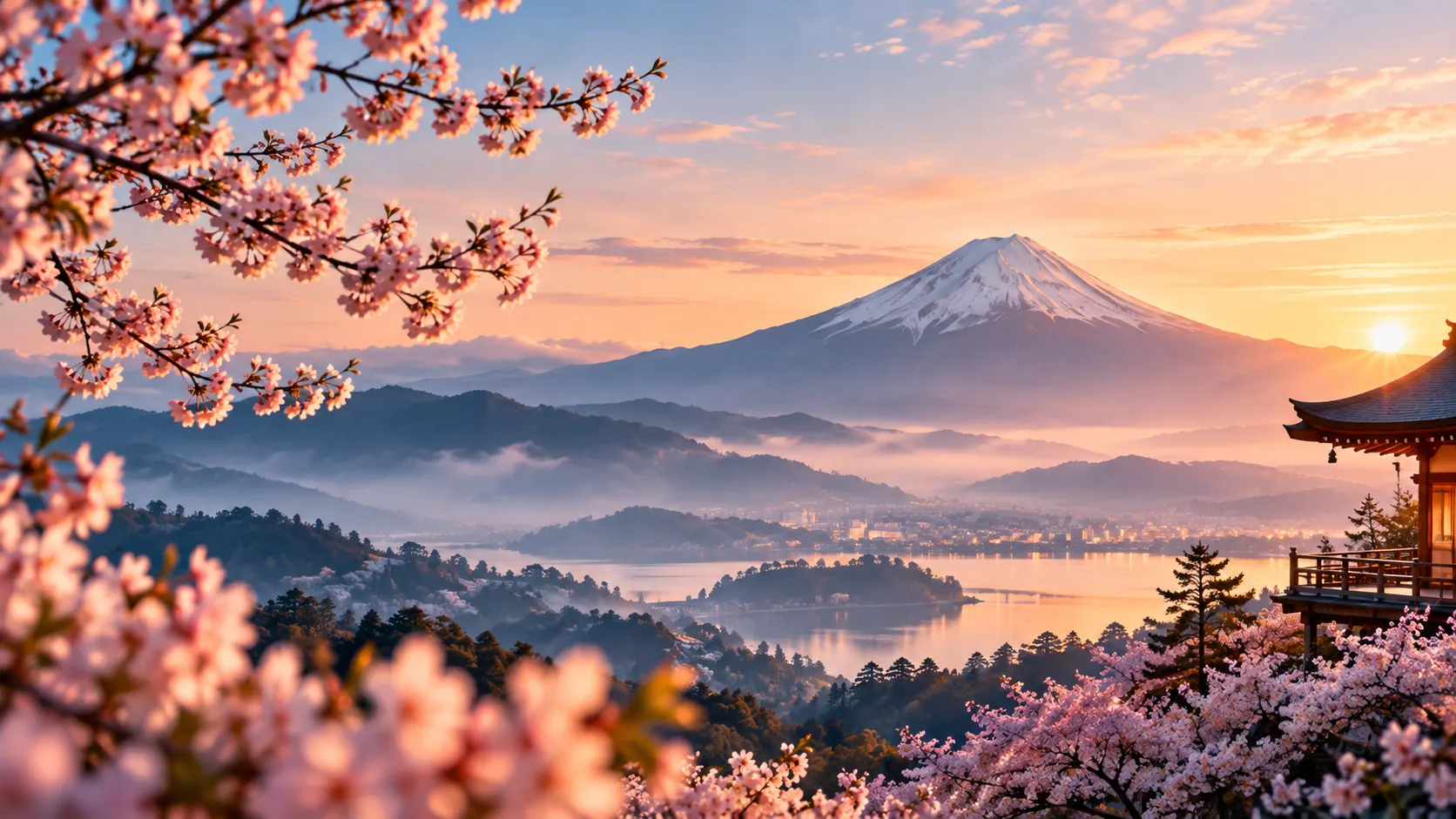 Fuji og kirsebærblomster ved soloppgang